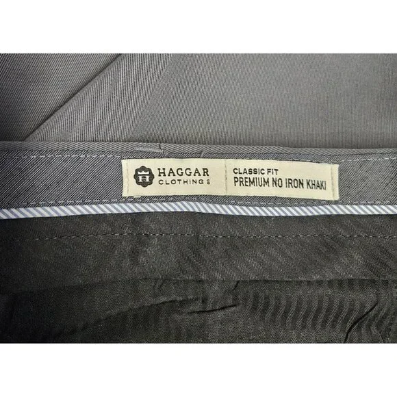 Haggar Pants Mens 42x30 Classic Fit Premium No Iron Khaki Flat Front Gray New - Picture 4 of 5